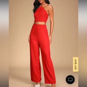 Lulu’s - Elegant Edge Red Wide-Leg Halter Two-Piece Jumpsuit NWOT